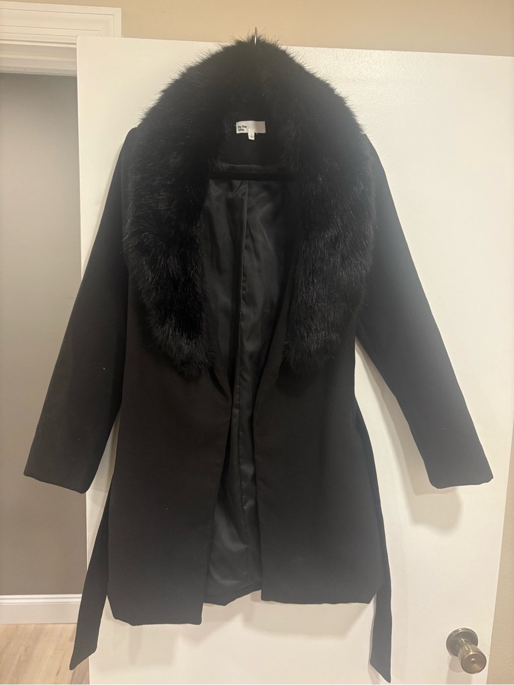 by the way. Black Trench Coat with Faux Fur Collar